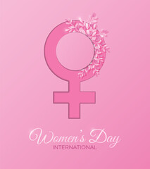 International women's day card with woman sign and spring flowers. 