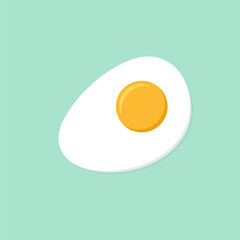 Simple Flat vector illustration of sunny side up fried egg with bright yellow yoke on turquoise background. Food concept art. Culinary graphic. Diner or cafe poster.
