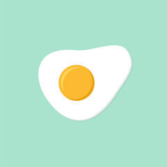 Simple Flat vector illustration of sunny side up fried egg with bright yellow yoke on turquoise background. Food concept art. Culinary graphic. Diner or cafe poster.