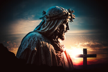 Jesus Christ with Cross in the sunset. Generative AI