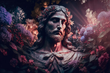 Jesus Christ in meditation with floral. Generative AI - obrazy, fototapety, plakaty
