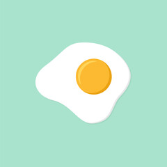 Simple Flat vector illustration of sunny side up fried egg with bright yellow yoke on turquoise background. Food concept art. Culinary graphic. Diner or cafe poster.