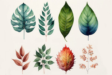 assorted leaves. Collection of multicolored leaves on white background. Top view. Ai generative