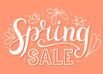 Spring sale - design hand lettering. Inscription on pink background. Gift card.