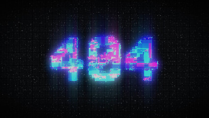 404 Error inscription on digital screen, glitch background. Pixel 404 text