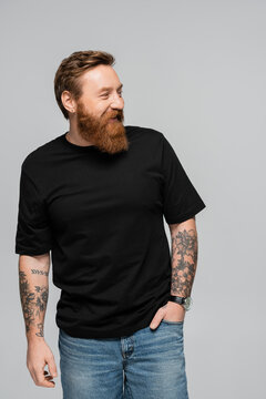 cheerful bearded man in black t-shirt standing with hand in pocket of jeans and looking away isolated on grey.