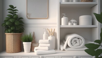 Fototapeta premium Clean towels with a soap dispenser on a shelf in the bathroom.