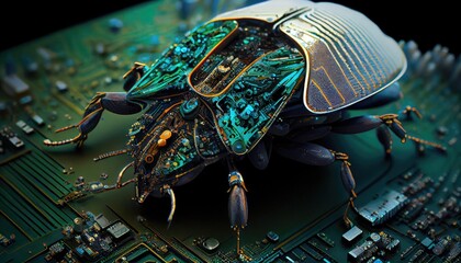 Illustration of Computer Bug on Mainboard, Metrix Bug, Digital Bug - obrazy, fototapety, plakaty