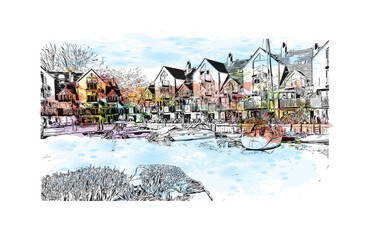 Building view with landmark of Portsmouth is a city of UK Watercolor splash with Hand drawn sketch illustration in vector.