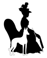 Silhouette of young victorian woman sitting on armchair, holding umbrella and flanked by dog. Seated woman in historical clothing with dog. 