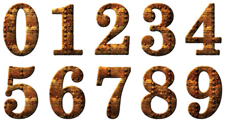 Number Line with Riveted Rusty Metal Numbers Zero through Nine 3D Illustration