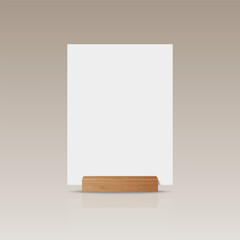 Vector 3d Realistic White A4 Vertical Empty Blank Paper Sheet, Card on Wooden Holder, Stand Icon Closeup. Design Template for Mockup, Menu Frame, Booklets. Acrylic Tent Card. Front, Side View