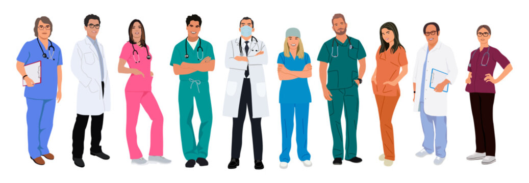 Set of smiling doctors, nurses, paramedics. Different male and female medic workers in uniform with stethoscopes. Flat cartoon vector illustration isolated on white background.