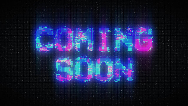COMING SOON text with glitch background concept for video games screen.