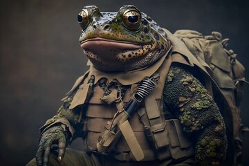 Portrait of a toad dressed in a tactical military uniform, generative ai