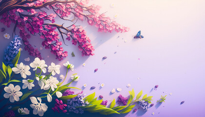 Obraz na płótnie Canvas Spring Flowers on a Gradient Background with Soft Purples, Pinks, Whites, and Greens - Generative AI