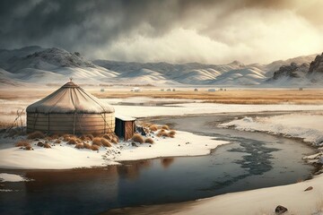 Freezing cold Mongolia background. Generative AI