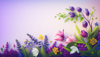 Obraz na płótnie Canvas Spring Flowers on a Gradient Background with Soft Purples, Pinks, Whites, and Greens - Generative AI