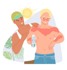 Friend helping man with sunburned skin vector