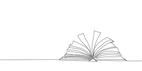 Open book Y shaped, notebook, journal one line art. Continuous line drawing of book, library, education, school, study, literature, paper, textbook, knowledge, read, learn, page, reading.