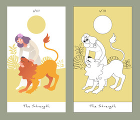 Major Arcana Tarot Cards. Stylized design. The Strength. Beautiful and young girl caressing a domesticated lion