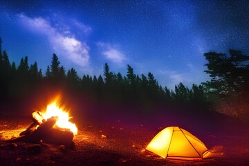 Camping fire under the amazing blue starry sky with a lot of shining stars and clouds. Travel recreational outdoor activity concept - generative ai