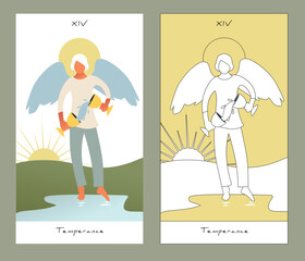 Major Arcana Tarot Cards. Stylized design. Temperance. Angel with appearance and clothes of young man, great wings, hair fair, pouring water from one jug to another