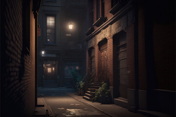 Fototapeta na wymiar Empty dark and scary back alley, fantasy neighborhood, dark and foreboding. Generative AI