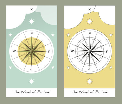 Major Arcana Tarot Cards. Stylized design. The Wheel of Fortune. Compass rose, clouds and stars.