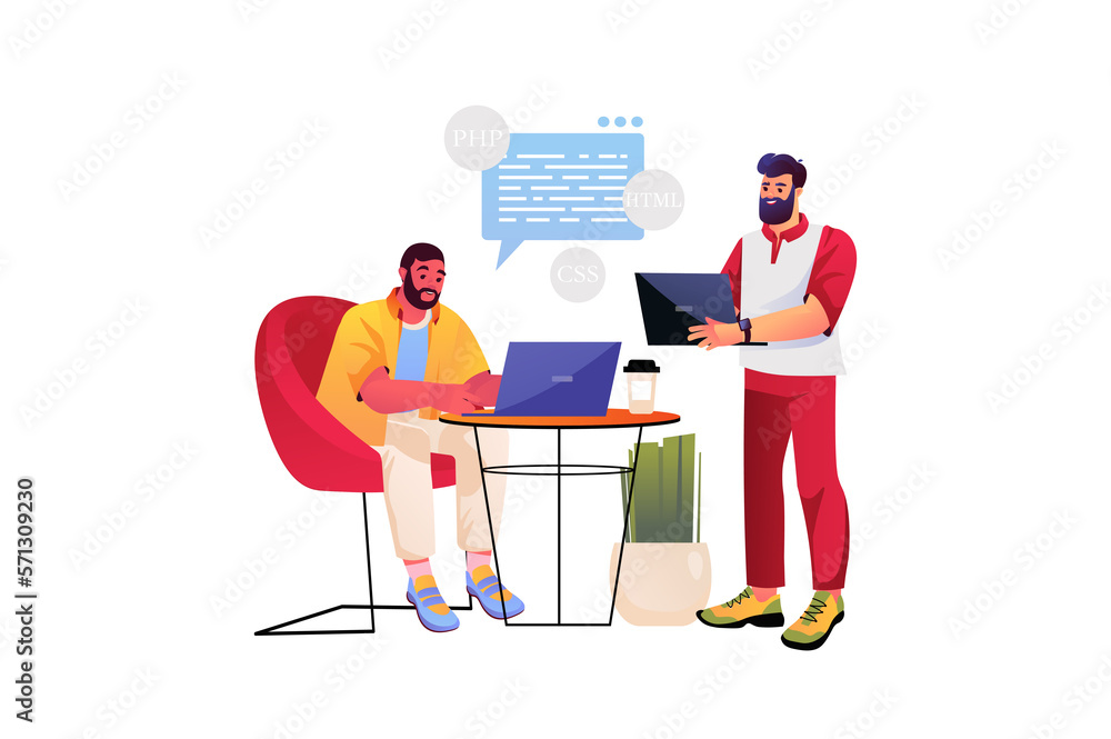 Poster programming concept with people scene in the flat cartoon style. two programmer are writing a code f