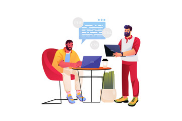 Programming concept with people scene in the flat cartoon style. Two programmer are writing a code for application on the office.