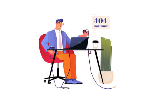 404 not found concept with people scene in the flat cartoon design. Manager trying to figure out why the error occurred.