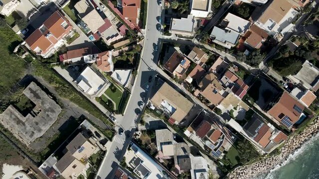 Aerial view of a residential district facing the Mediterranean Sea in Avola, Syracuse, Sicily, Italy.