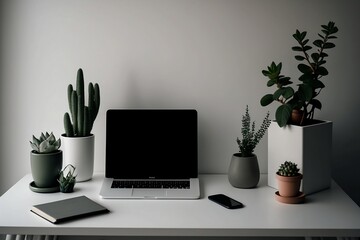 Minimalistic work office place with a computer and plants on the desk (made with generative AI)