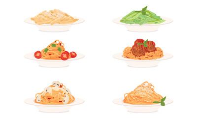 Pasta assortment set. Penne with basil and pea sauce, penne with cheese, penne with tomato sauce, spaghetti with meatballs, spaghetti with mushrooms.