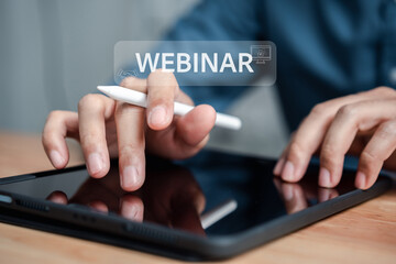 Businessman with Webinar meeting conference, E-business Connection, online technology, online education and e-learning diploma, Communication technology on web. teamwork online seminar.