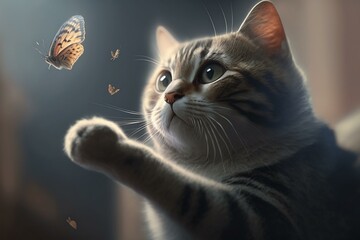 A Cute cat trying to catch a butterfly, with the butterfly fluttering just out of reach. Generative Ai