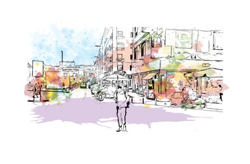 Building view with landmark of Positano is a city of Italy Watercolor splash with Hand drawn sketch illustration in vector.