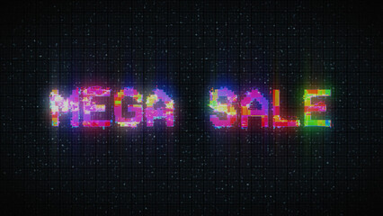 Digital text of glitch vhs effect over mega sale text