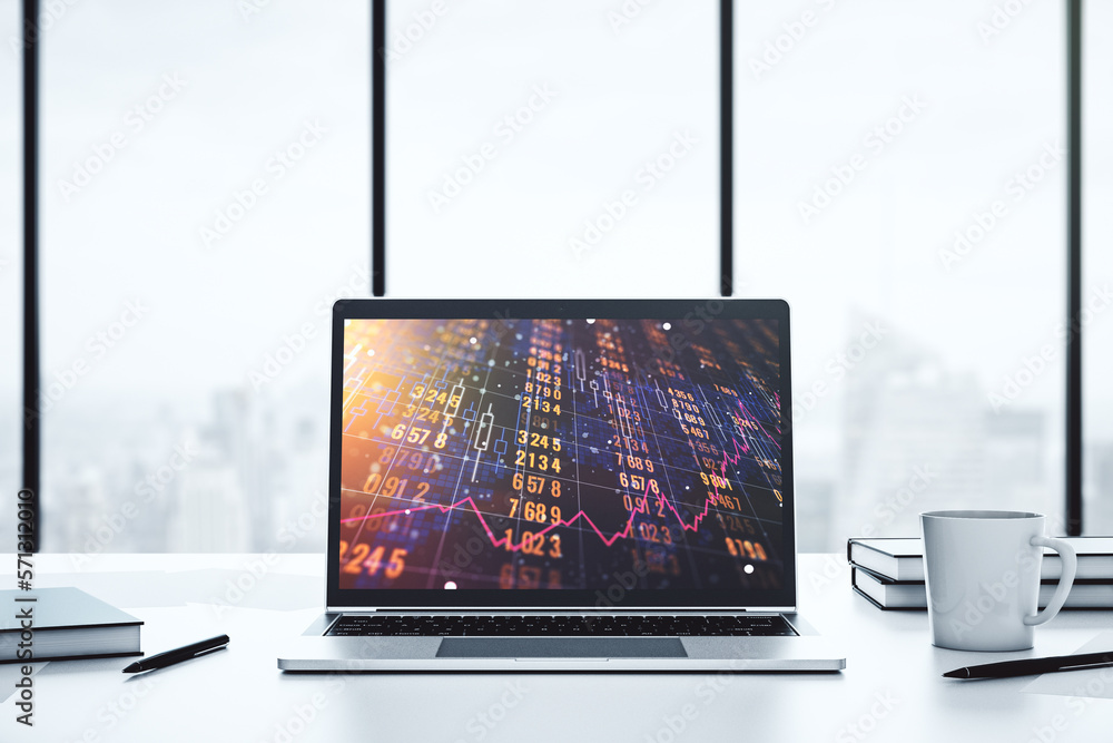 Poster stats data illustration on modern laptop monitor, computing and analytics concept. 3d rendering