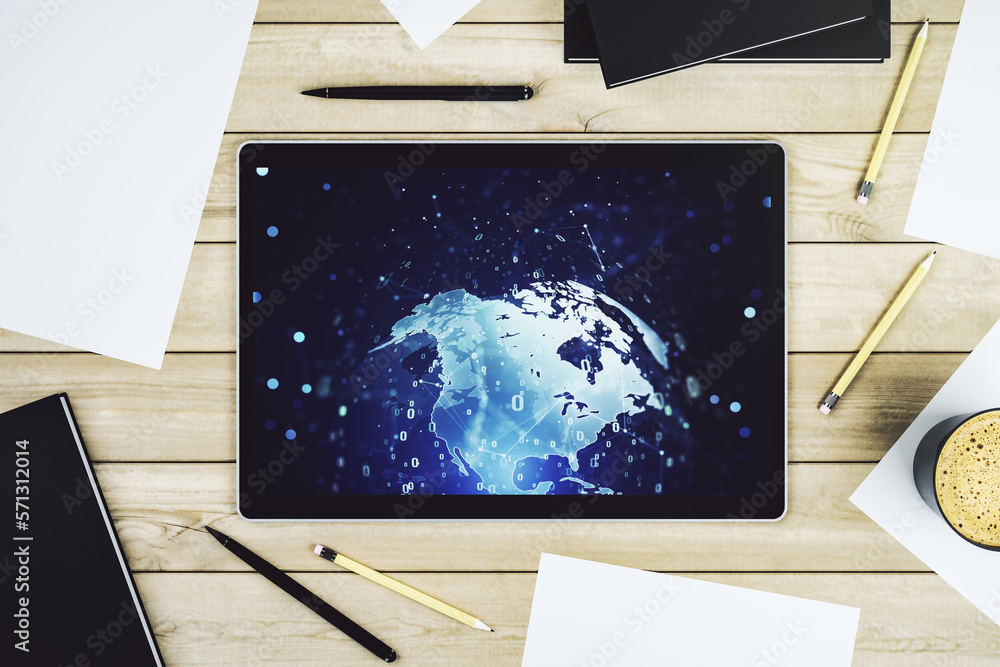 Poster top view of modern digital tablet screen with abstract creative programming illustration and world m