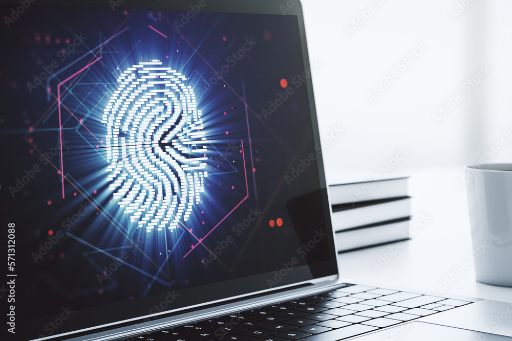Poster Modern computer monitor with abstract creative fingerprint hologram, research and development concept. 3D Rendering