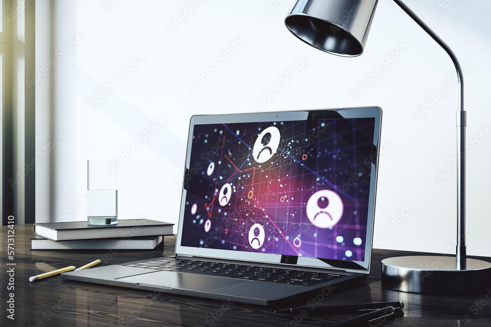 Poster modern computer monitor with social network icons concept. marketing and promotion concept. 3d rende