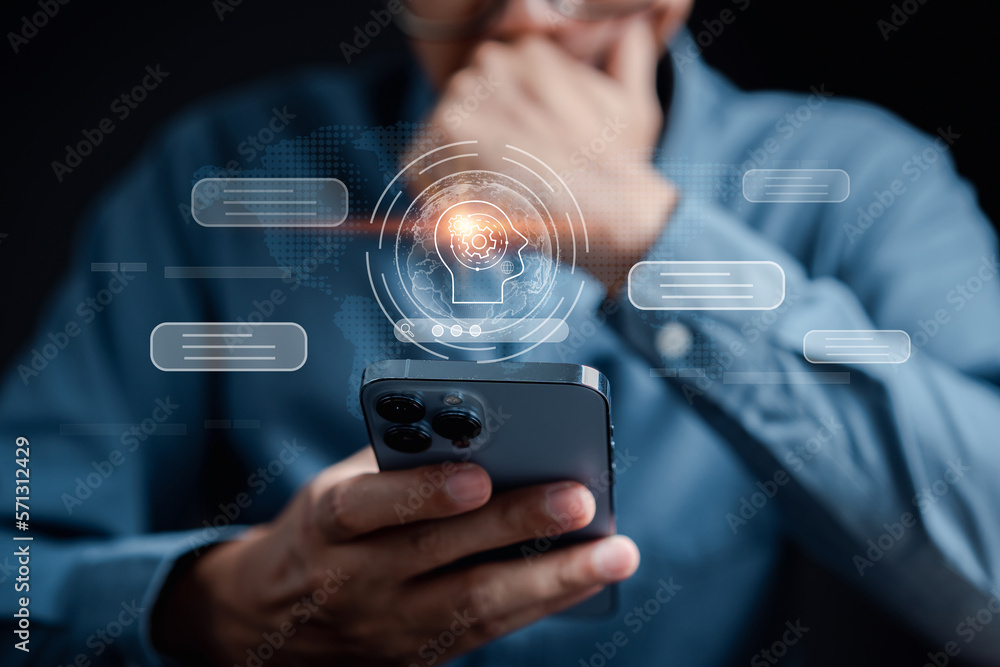 Poster Businessman using chat bot in smartphone intelligence Ai.Chat bot with AI Artificial Intelligence, developed by OpenAI generate. Futuristic technology, robot in online system.