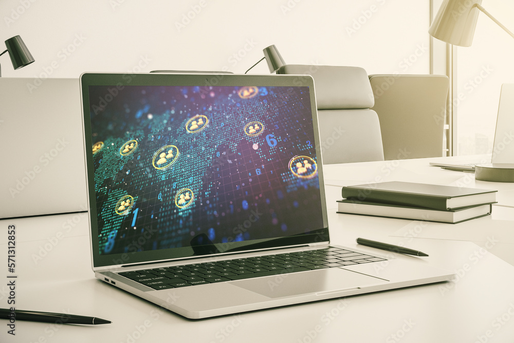 Poster Modern computer screen with social network icons concept and world map. Networking concept. 3D Rendering