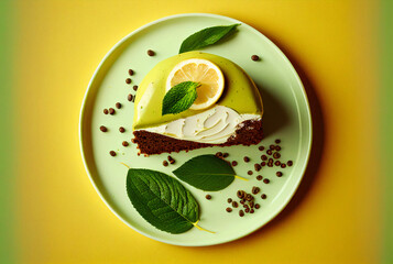 Matcha green tea, mint, lemon raw mousse cake on black plate. Contemporary minimalistic style. Raw Healthy Paleo green Avocado Cake.	