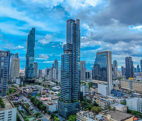 Fototapeta premium Aerial view of Bangkok city center panorama with skyscrapers