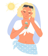 Vector lady using sunscreen applying cream on face