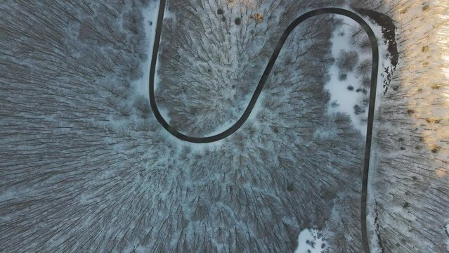Aerial view of a serpentine road crossing a forest in wintertime with snow on Mount Terminio, Serino, Avellino, Irpinia, Campania, Italy.