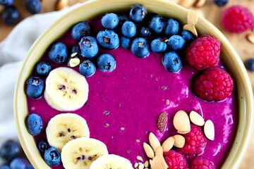 Fototapeta na wymiar Healthy breakfast bowl: blueberry smoothie with banana, raspberry, pitaya, blackberry, almonds, sunflower and chia seeds - generative ai